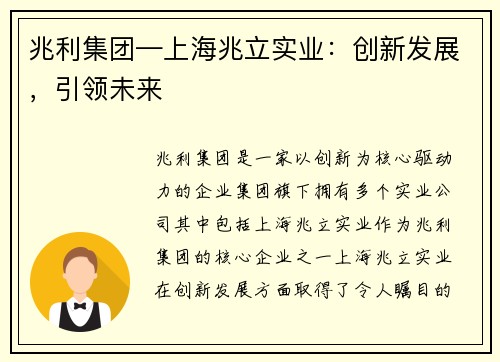 兆利集团—上海兆立实业：创新发展，引领未来